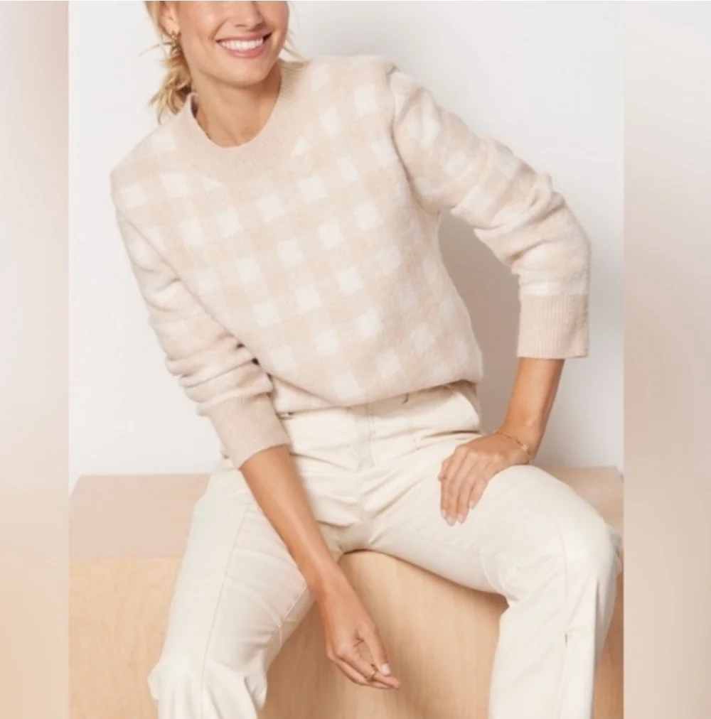Evereve Womens Pullover Crew Neck Beige Collette Checkered Sweater, Small - Picture 2 of 8